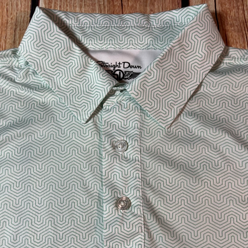Straight Down Men's Polo Shirt Golf Performance All Over Print Green White Sz M